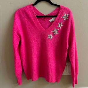 LOFT Shimmer Star V-Neck Sweater in Fuchsia Pink Silver Stars Medium